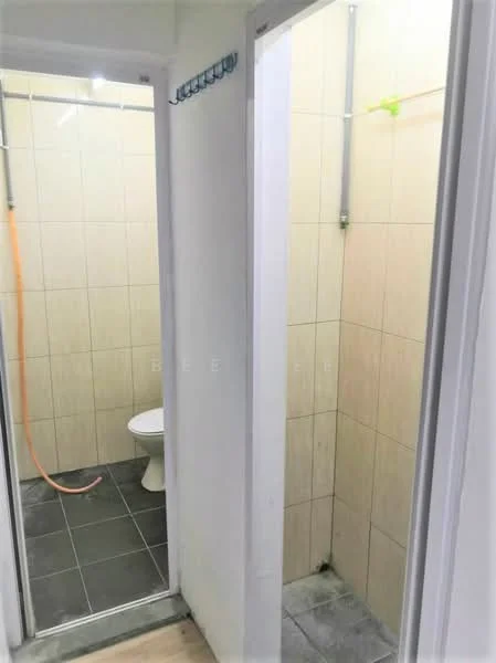 Bathroom features: white toilet, shower area with tiled walls, grey floor tiles, shower head, wall-mounted shower fixture, tiled wall cladding, hanging hooks, partition wall.