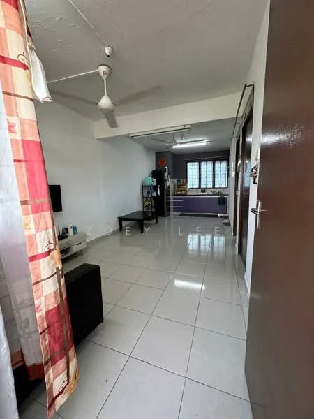 Room features: white painted walls, glossy ceramic tile flooring, ceiling fan, window with sheer curtains, black TV console, black coffee table, shelves with decorative items, multiple doors leading to other rooms; style: modern.