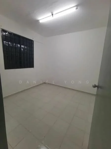 Room features: white painted walls, tile flooring, single window with black grille, fluorescent ceiling lights, plain ceiling, door with doorknob, empty room; style: minimalist.