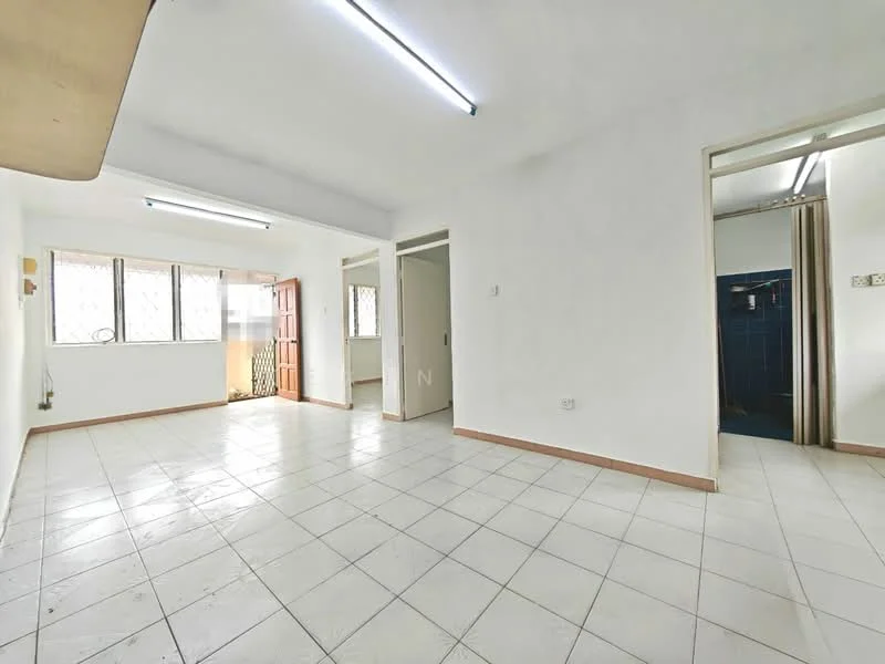 Room features: white painted walls, tile flooring, large windows, wooden door, ceiling lights, open layout, neutral color scheme, bathroom door visible, curtain rod, corner space for furniture; style: minimalist.