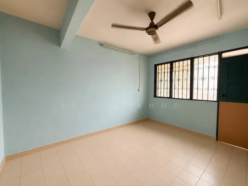 Room features: light blue painted walls, plain ceiling, ceiling fan, tiled flooring, window with security bars, door with panel design, light fixture, power outlet; style: minimalist.