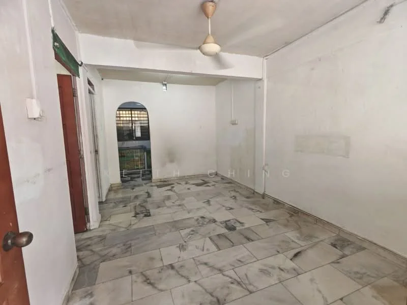 Room features: white painted walls, marble tile flooring, ceiling fan, arched doorway, window with metal grille, light fixture, door with wooden finish, door frame with no visible details; style: minimalist.