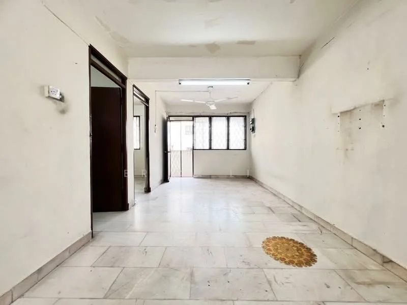 Room features: white painted walls, marble tile flooring, ceiling with fluorescent lighting, floor-to-ceiling windows, sliding glass door, wooden door, decorative round floor mat, no visible furniture; style: minimalist.