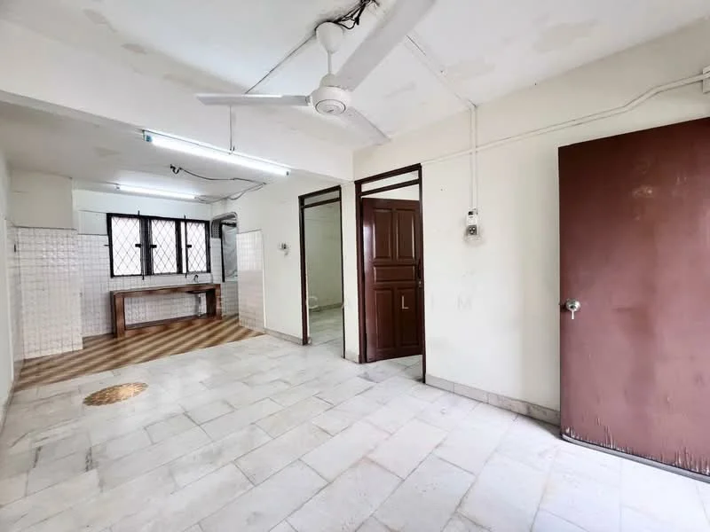 Room features: white painted walls, marble flooring, ceiling fan, wooden door, metal door, window with security bars, light fixture, open layout, exposed ceiling, kitchen area with tiled backsplash, wooden table, floor drain.