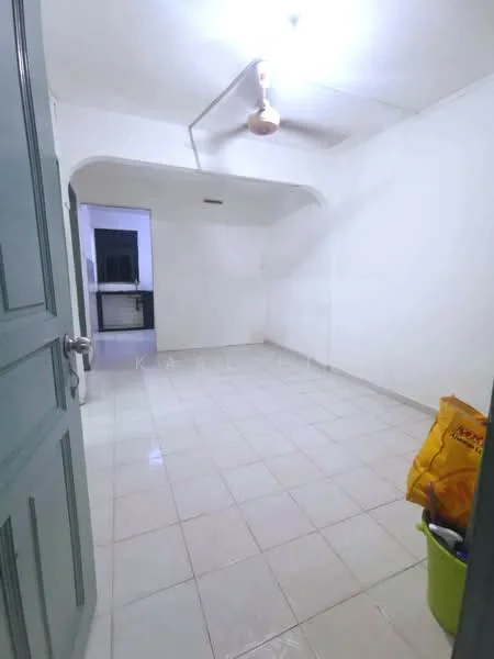 Room features: white painted walls, glossy ceramic tile flooring, ceiling fan, arched doorway, single light fixture, empty space, green trash bin, yellow bag; style: minimalist.