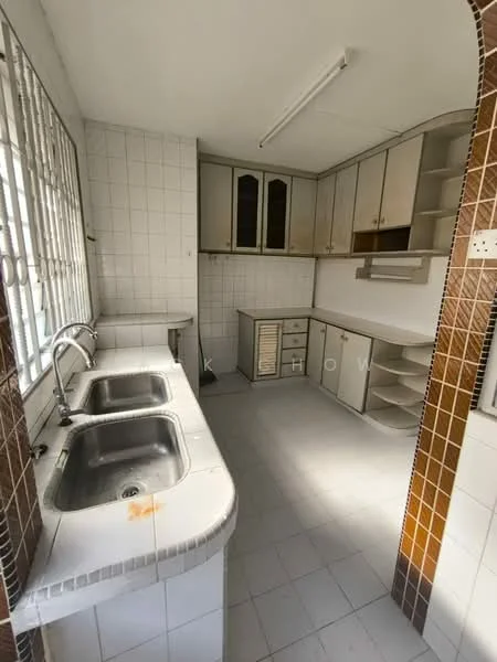 Kitchen features: double-bowl stainless-steel sink, chrome pull-down faucet, white tiled backsplash, white cabinetry with glass-front upper cabinets, countertop with rounded edge, built-in shelving, white tiled flooring, fluorescent ceiling light.