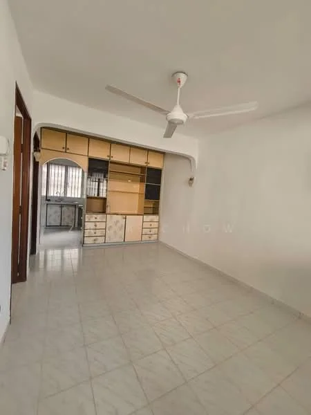 Living features: white painted walls, marble tile flooring, 5-blade ceiling fan, built-in cabinetry with yellow finish, window with metal grille, open layout, neutral color scheme, natural light from window; style: modern.