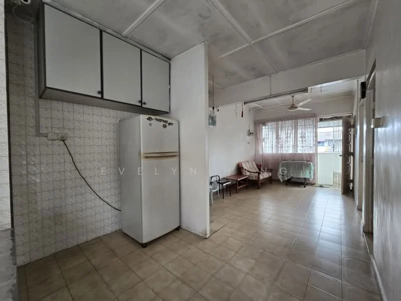 Living features: white painted walls, exposed ceiling, ceramic tile flooring, 5-blade ceiling fan, large window with sheer curtains, refrigerator, built-in cabinets, sofa, coffee table, open layout, balcony door.