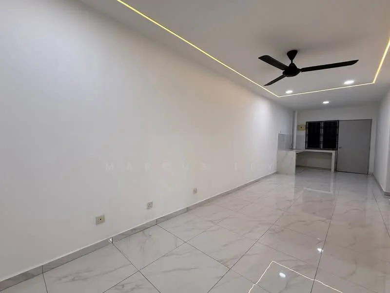 Living features: white painted walls, marble tile flooring, tray ceiling with recessed lighting, 5-blade ceiling fan, floor-to-ceiling windows, open layout to kitchen, neutral color scheme, no visible furniture; style: modern.