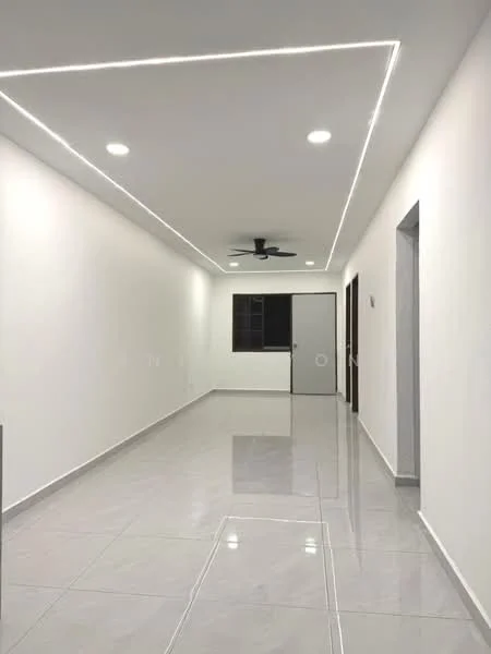 Room features: white painted walls, glossy ceramic tile flooring, recessed LED downlights, 5-blade ceiling fan, window with black grille, door with round handle, neutral color scheme, open layout; style: modern.