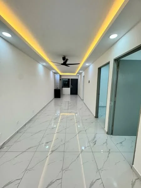 Hallway features: white painted walls, marble tile flooring, recessed LED downlights, 5-blade ceiling fan, crown moulding, open layout, doorways leading to other rooms, neutral color scheme; style: modern.