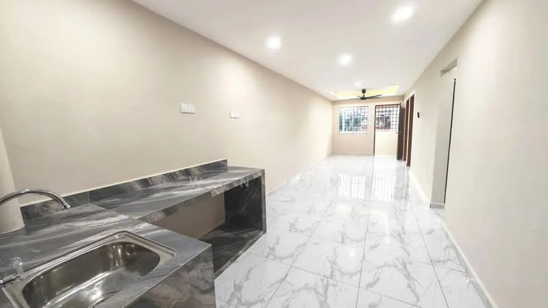 Room features: grey marble countertop, single-bowl stainless-steel sink, white painted walls, glossy white marble tile flooring, recessed LED downlights, ceiling fan, large window with grille, open layout; style: modern.