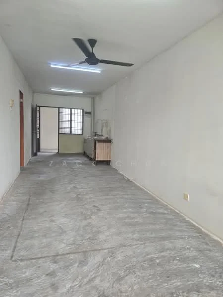 Room features: white painted walls, grey flooring, 5-blade ceiling fan, window with grid design, doorway leading to another room, light fixtures on ceiling; style: minimalist.