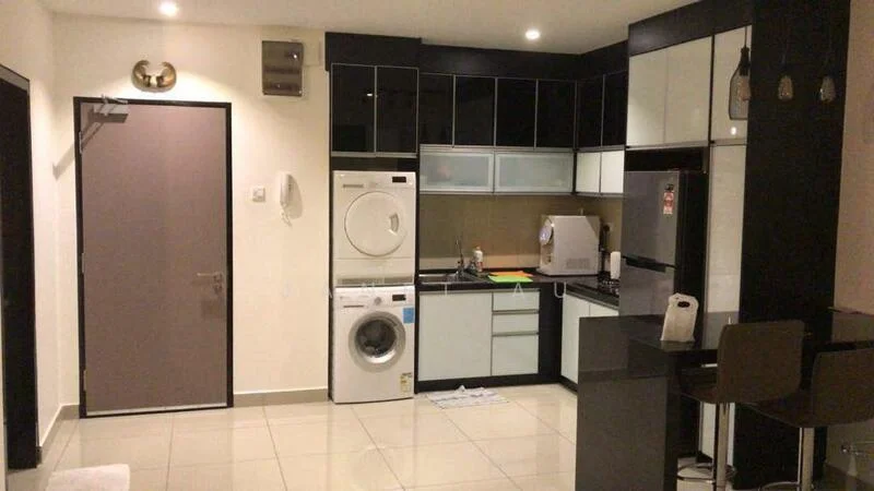 Kitchen features: black and white cabinetry, black countertop, stainless-steel fridge, built-in microwave, freestanding washing machine, single-bowl stainless-steel sink, chrome pull-down faucet, ceramic tile flooring, recessed downlights, bar stools, wall-mounted cabinets, kitchen appliances, open shelving; style: modern.