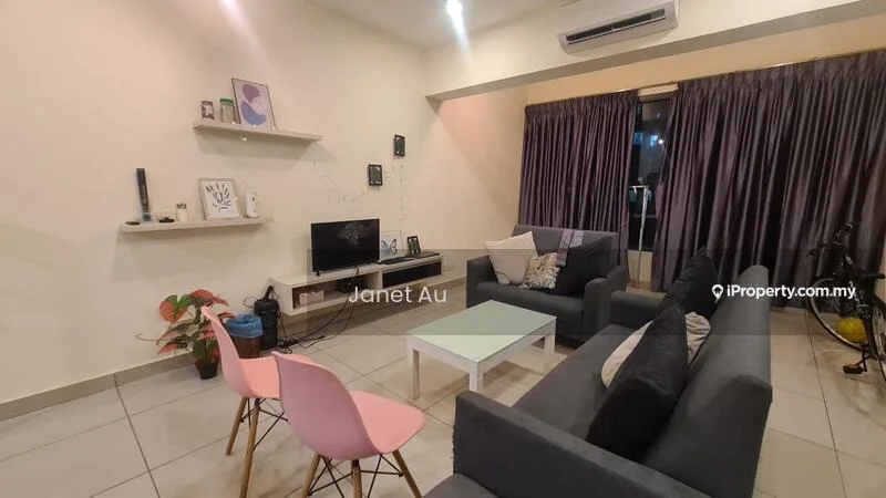 Living features: grey fabric sofa, 2-seater sofa, 3-seater sofa, white coffee table, wall-mounted TV, TV console, shelf with decor items, floor-to-ceiling windows, dark curtains, air conditioning unit, decorative plant; style: modern.