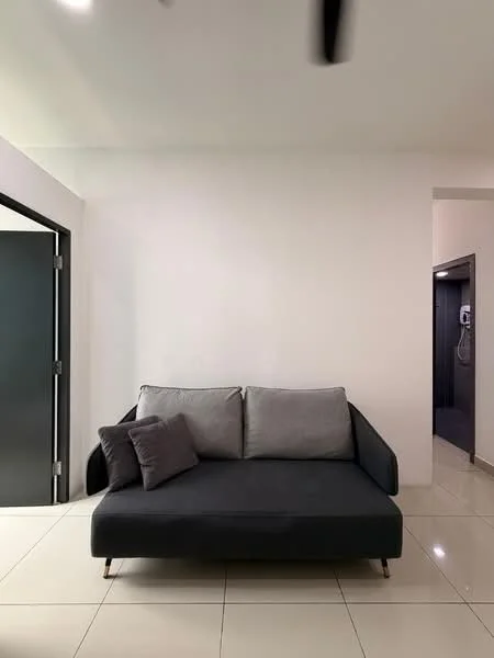 Living features: grey fabric sofa, two cushions, white painted walls, glossy tile flooring, ceiling fan, doorway to adjacent room; style: modern.
