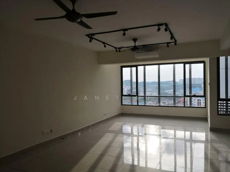 Living features: large floor-to-ceiling windows, sliding glass door, white painted walls, polished ceramic tile flooring, recessed LED downlights, 5-blade ceiling fan, air conditioning unit, city view; style: modern; view: city.