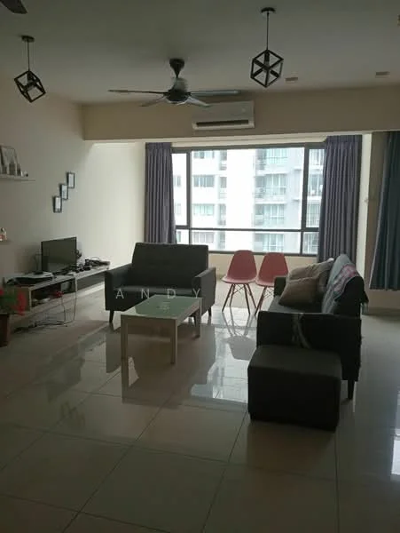 Living features: floor-to-ceiling windows, grey fabric sofa, 2-seater grey sofa, white coffee table, TV console, wall-mounted TV, ceiling fan, recessed downlights, light grey curtains, white tiled flooring, decorative wall art, pink dining chairs, open shelving unit; style: modern; view: city.