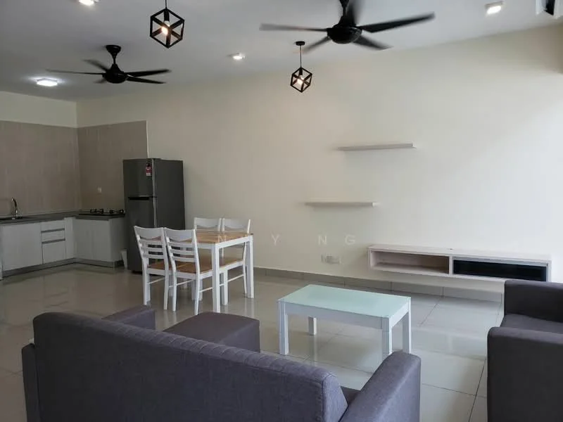 Living features: grey fabric sofa, 2-seater sofa, coffee table, wall-mounted TV console, open shelving unit, recessed downlights, 2 ceiling fans, white walls, tile flooring; style: modern. Kitchen features: stainless-steel fridge, built-in kitchen cabinets, gas stove, sink, countertop, tile backsplash; style: modern. Dining features: 4-seater dining table, white dining chairs; style: modern.