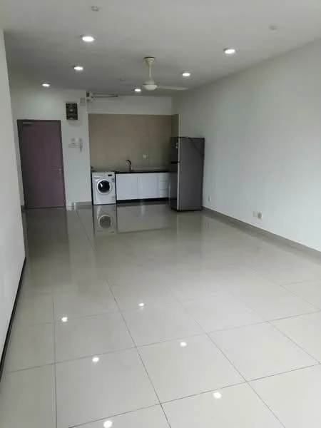 Room features: white painted walls, glossy ceramic tile flooring, recessed downlights, 5-blade ceiling fan, stainless-steel fridge, front-load washing machine, white cabinetry, countertop, open layout; style: modern.