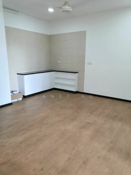 Room features: light wood laminate flooring, white painted walls, cream tiled wall, black countertop, white cabinetry, open shelving, ceiling light, ceiling fan; style: modern.