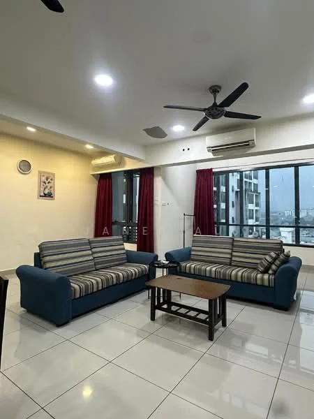 Living features: 2-seater fabric sofa in blue, 3-seater fabric sofa with striped pattern, wood coffee table, floor-to-ceiling windows, red curtains, white painted walls, glossy tile flooring, ceiling fan with 3 blades, wall-mounted air conditioning unit, recessed downlights; style: modern; view: city.