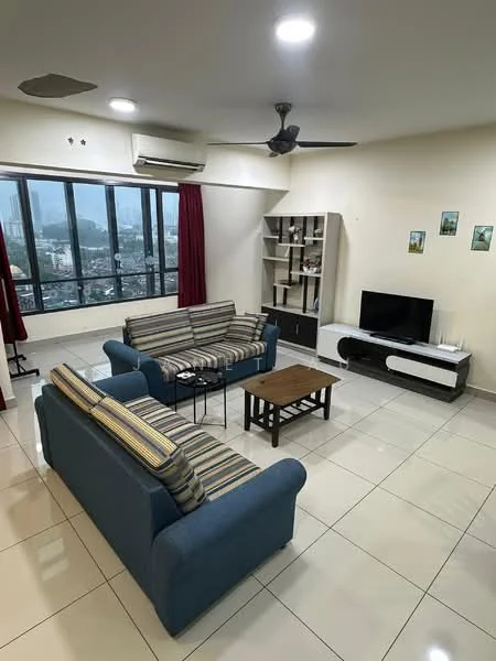 Living features: 2-seater fabric sofa in blue, 3-seater fabric sofa with striped pattern, wooden coffee table, wall-mounted TV, TV console in white, floor-to-ceiling windows, red curtains, ceiling fan, recessed downlights, glossy tile flooring, decorative wall art, open shelving unit; style: modern; view: city.