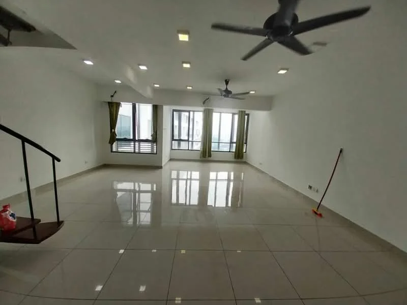 Living features: white painted walls, glossy ceramic tile flooring, 5-blade ceiling fan with light, 2 large floor-to-ceiling windows, curtains in green fabric, open layout, staircase leading to upper level, recessed ceiling lights; style: modern; view: city.
