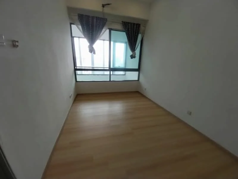 Room features: light wood laminate flooring, white painted walls, floor-to-ceiling windows, sheer curtains, blackout curtains, ceiling light fixture; style: modern; view: city.