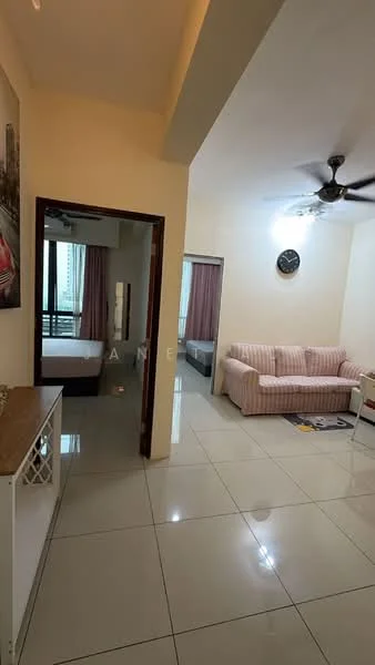 Living features: white painted walls, glossy tile flooring, 5-blade ceiling fan with light, sofa in pink and white stripes, coffee table, wall clock, TV console, area rug, floor-to-ceiling windows, curtains in light pink; style: modern; view: city. Bedroom features: white painted walls, glossy tile flooring, queen-size bed, bedside table, curtains in light pink, built-in wardrobe, wall-mounted artwork; style: modern.