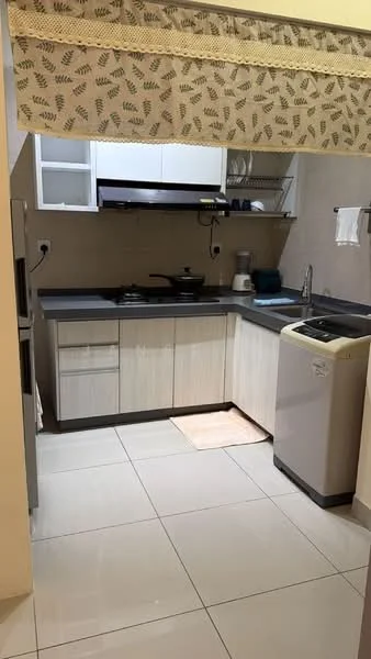 Kitchen features: grey countertop, light wood cabinetry, built-in gas stove, stainless-steel range hood, single-bowl stainless-steel sink, chrome pull-down faucet, white tiled backsplash, white walls, ceramic tile flooring, refrigerator, open shelving, kitchen towel rack; style: modern.