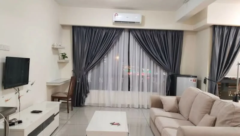 Living features: light grey fabric sofa, white coffee table, wall-mounted TV, TV console with storage, floor-to-ceiling windows, sheer curtains, dark grey curtains, air conditioning unit, small wall shelf, wooden chair, desk area, ceramic tile flooring; style: modern; view: city.