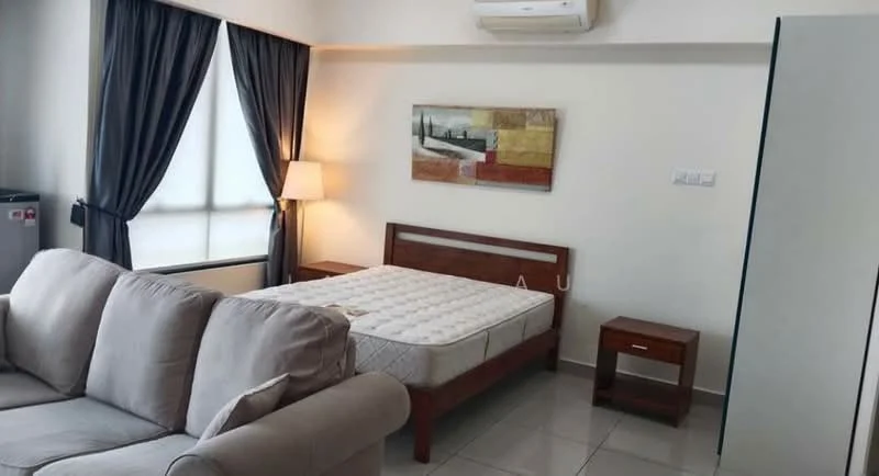 Bedroom features: queen-size bed, upholstered headboard, bedside table, floor-to-ceiling window, sheer curtains, wall-mounted split AC, light-colored painted walls, tile flooring, sofa in light grey fabric, decorative artwork on wall; style: modern.