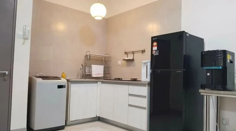 Kitchen features: white cabinetry, stainless-steel sink, chrome faucet, black refrigerator, built-in gas stove, washing machine, countertop, tile backsplash, pendant light, wall-mounted shelf, grey tiled walls, white tiled flooring; style: modern.