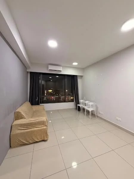 Living features: cream fabric sofa, floor-to-ceiling windows, grey painted walls, glossy tile flooring, recessed LED downlights, 1 wall-mounted split AC, blackout curtains, small dining table with chairs; style: modern; view: city.