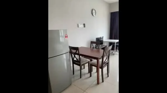 Dining features: grey walls, white ceiling, tile flooring, wood dining table, 4 dining chairs, stainless-steel fridge, wall clock, black curtains, light fixture, side table; style: modern.