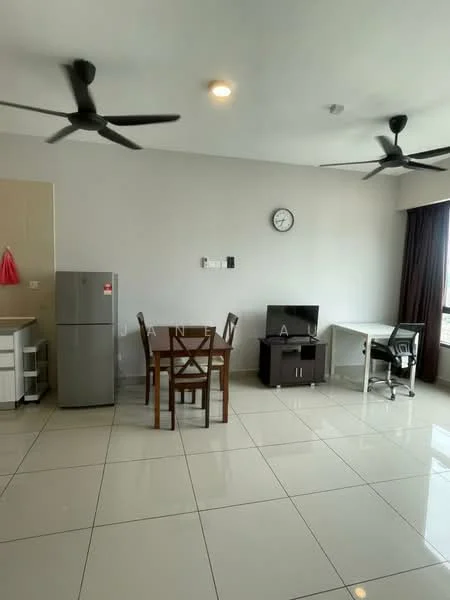 Living features: white painted walls, glossy tile flooring, 2 ceiling fans, round dining table, 4 wooden dining chairs, stainless-steel fridge, wall-mounted clock, TV console, freestanding TV, study desk, office chair, large window with curtains; style: modern.