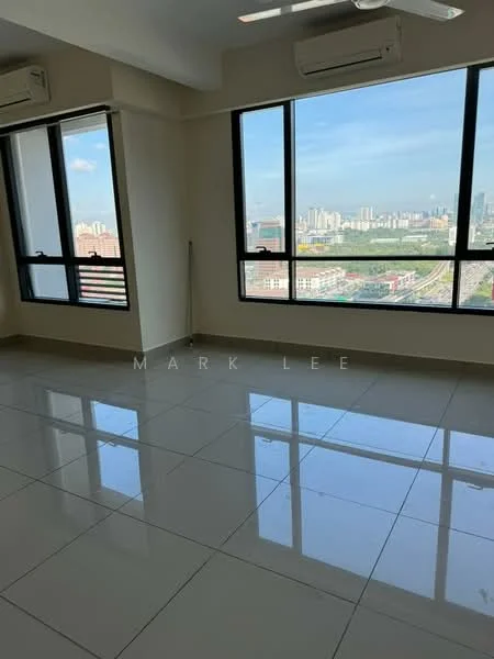 Room features: large floor-to-ceiling windows, city skyline view, white painted walls, glossy ceramic tile flooring, 2 wall-mounted split AC units, ceiling fan, natural light, reflected light on floor; style: modern; view: city.