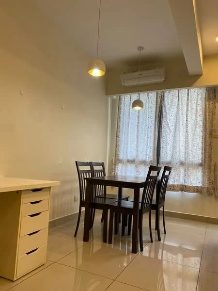 Dining features: 4-seater dining table, black wooden dining chairs, white walls, cream curtains with floral pattern, floor-to-ceiling window, tile flooring, 1 ceiling light fixture, 1 wall-mounted split AC; style: modern.