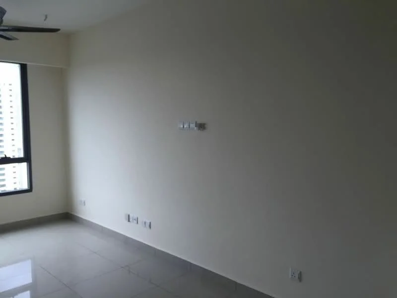 Room features: cream painted walls, glossy tile flooring, floor-to-ceiling window, ceiling fan.