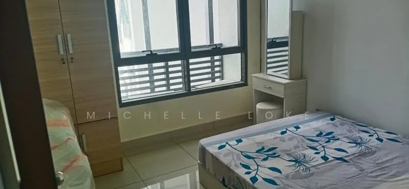 Bedroom features: queen-size bed with floral bedding, wooden wardrobe with sliding doors, white bedside table, mirror on top of the bedside table, floor-to-ceiling windows, grey tiled flooring, white painted walls, curtains on windows; style: modern.