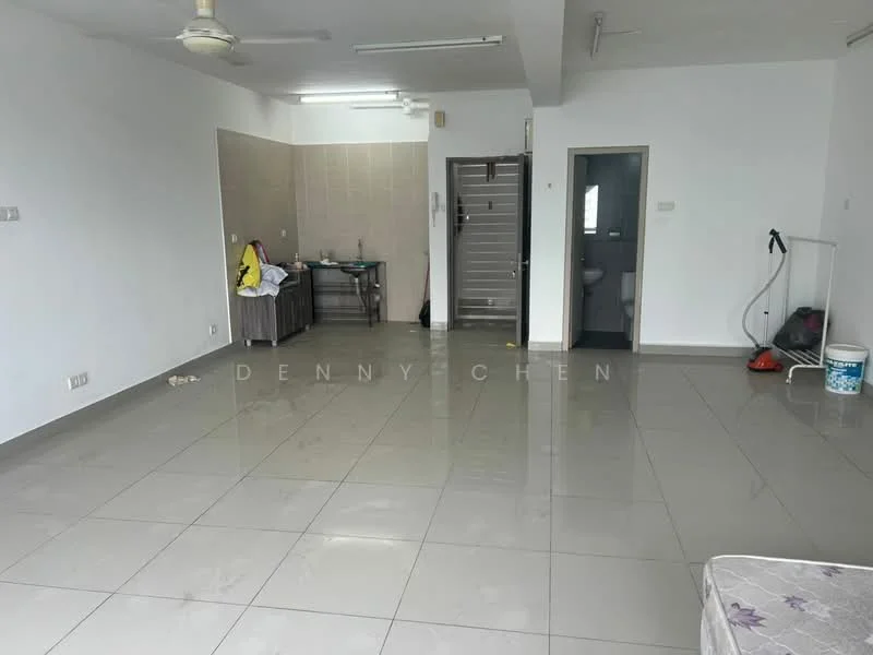 Room features: white painted walls, grey tiled flooring, ceiling fan, recessed lighting, open layout, kitchenette area with sink, doorway leading to bathroom, window with natural light, vacuum cleaner visible, furniture items including a bed and table; style: modern.