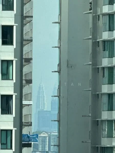 Exterior type: high-rise condominium; features: glass curtain wall, concrete facade, balconies with metal railings, city skyline view, surrounded by other high-rise buildings; style: modern.
