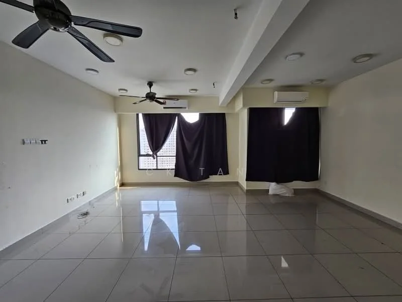 Living features: grey tiled flooring, white painted walls, ceiling with recessed downlights, 5-blade ceiling fan, 2 wall-mounted split AC units, floor-to-ceiling windows, blackout curtains, natural light from windows; style: modern; view: city.
