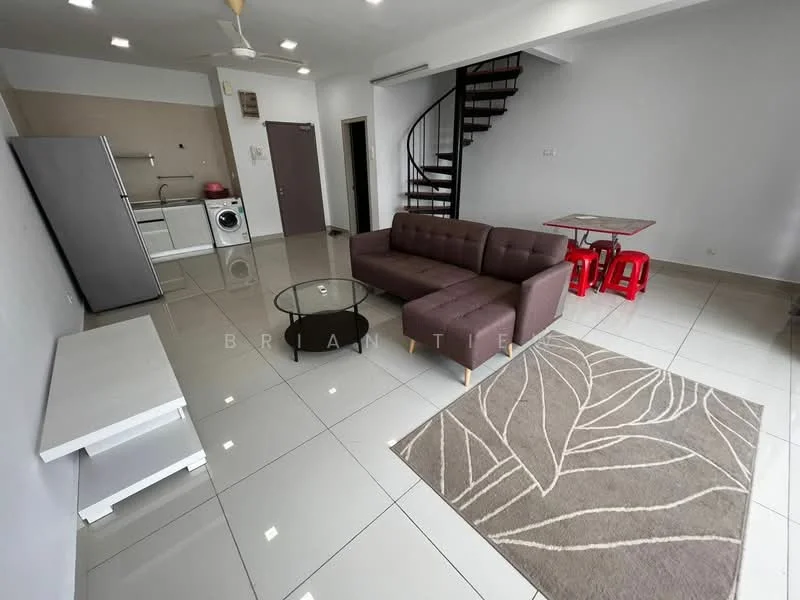 Living features: 3-seater fabric sofa in brown, glass coffee table, area rug with leaf pattern, wall-mounted TV, TV console, recessed downlights, ceiling fan, large windows, grey painted walls, polished ceramic tile flooring; style: modern. Kitchen features: stainless-steel fridge, built-in washing machine, white cabinetry, countertop with backsplash, open shelving, ceramic tile flooring; style: modern.