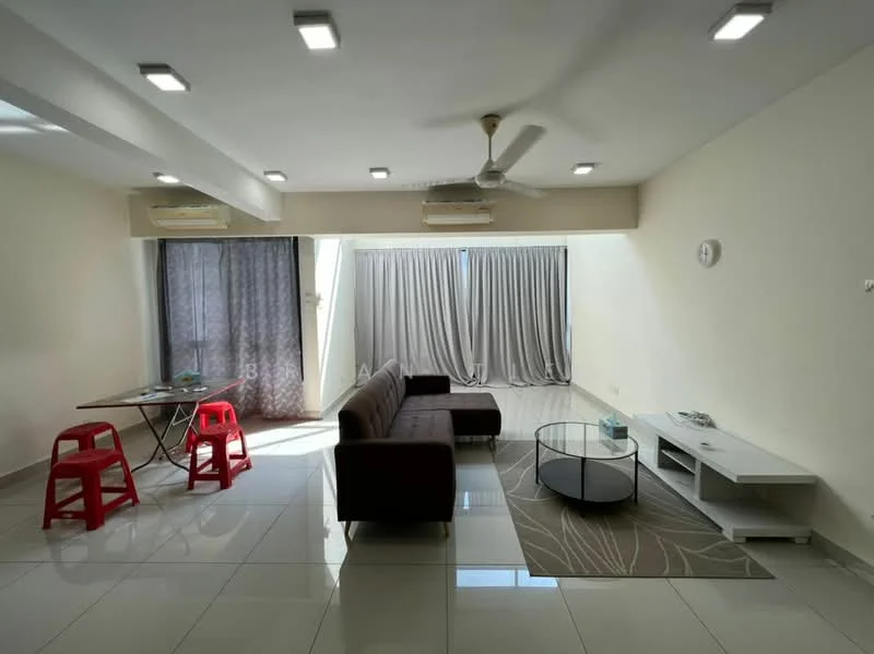 Living features: 3-seater fabric sofa in brown, glass coffee table, TV console in white, area rug with geometric pattern, 2 red plastic chairs, wall-mounted clock, floor-to-ceiling windows, sheer curtains, recessed LED downlights, 2 wall-mounted split AC units, polished ceramic tile flooring, cream painted walls; style: modern.