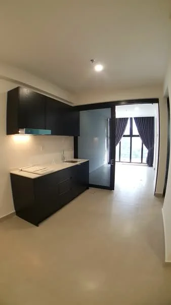 Kitchen features: black cabinetry, white countertop, single-bowl stainless-steel sink, chrome pull-down faucet, built-in oven, ceramic tile flooring, recessed downlights, window with sheer curtains; style: modern; view: garden. Room features: floor-to-ceiling windows, curtains, neutral wall colour, open layout.