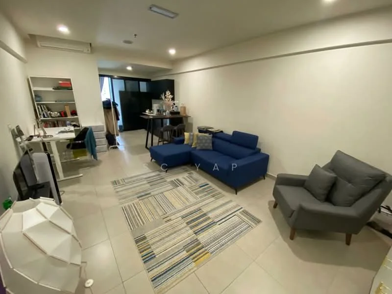 Living features: blue fabric sofa, grey fabric armchair, coffee table, area rug with striped pattern, wall-mounted TV, desk with chair, open shelving unit, recessed ceiling lights, tile flooring, white painted walls, floor-to-ceiling windows, curtains; style: modern.