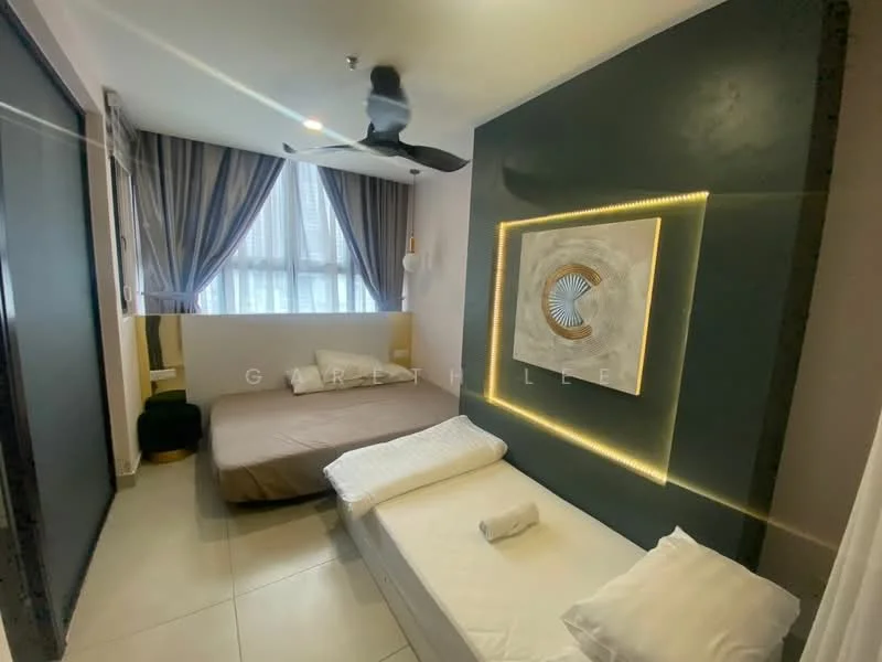 Bedroom features: 2 beds, 1 queen-size bed, 1 single bed, upholstered headboard, white bedding, ceiling fan, wall-mounted artwork with lighting, grey accent wall, light-colored tiled flooring, curtains, window with natural light, decorative wall lighting; style: modern.