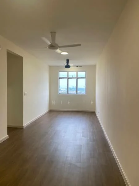 Room features: light wood laminate flooring, white painted walls, 2 ceiling fans, large window with city view, neutral color scheme, no visible furniture, natural light, smooth ceiling; style: modern; view: city.